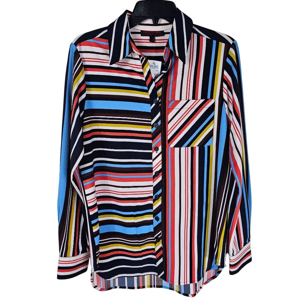 Multicolor Striped Button‎ Up Blouse S Artsy Rainbow Geometric Relaxed Fit
